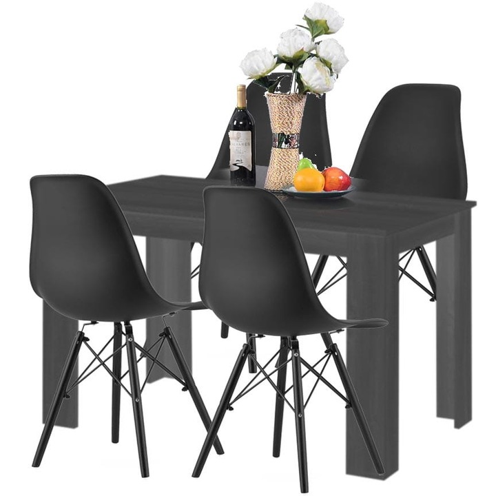 Комплект маса ALA + 4 стола Осака, модерен дизайн, черен, 120x60см