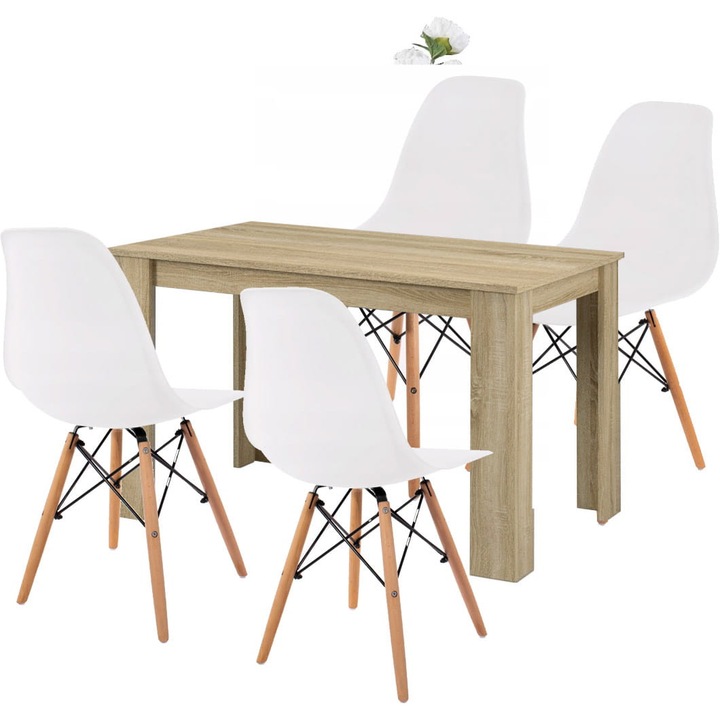 Set masa ALA 120x60cm cu 4 scaune OSAKA, alb, picioare naturale