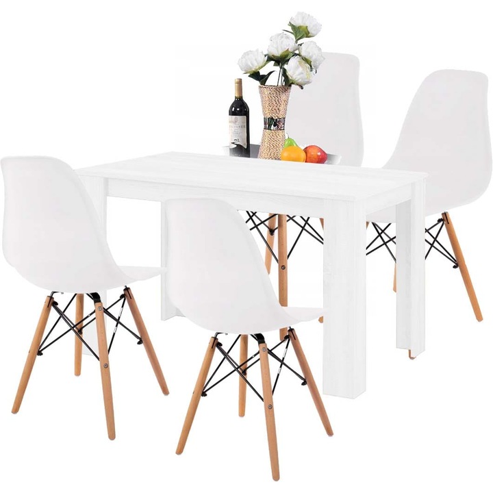 Комплект маса ALA 120x60см + 4 стола TOLV, бял, модерен дизайн, дървени крака
