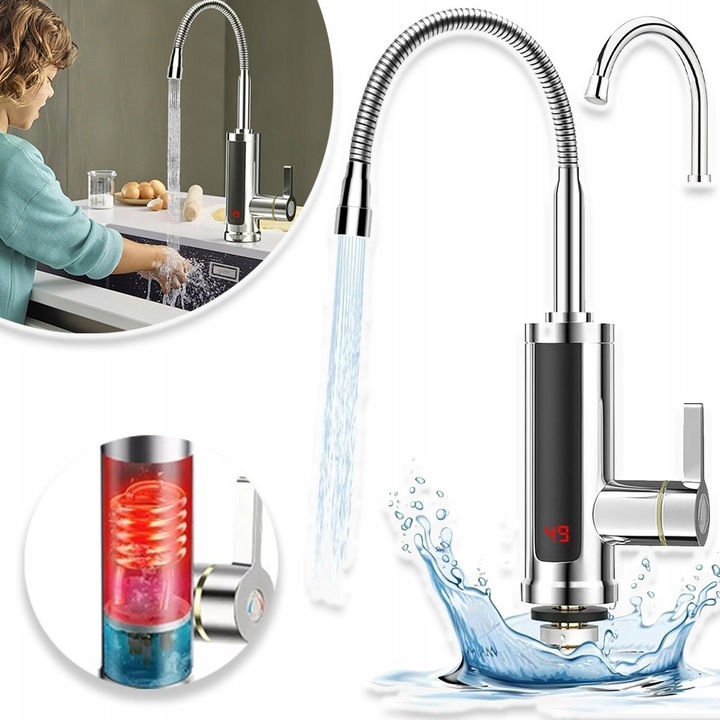 Кран за топла вода, LED дисплей, 3000W, неръждаема стомана, сребрист