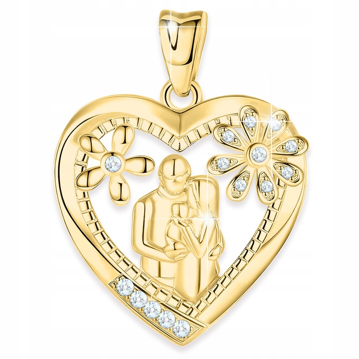 Pandantiv argint 925 placat aur 585, inima, zirconii, 17x17mm