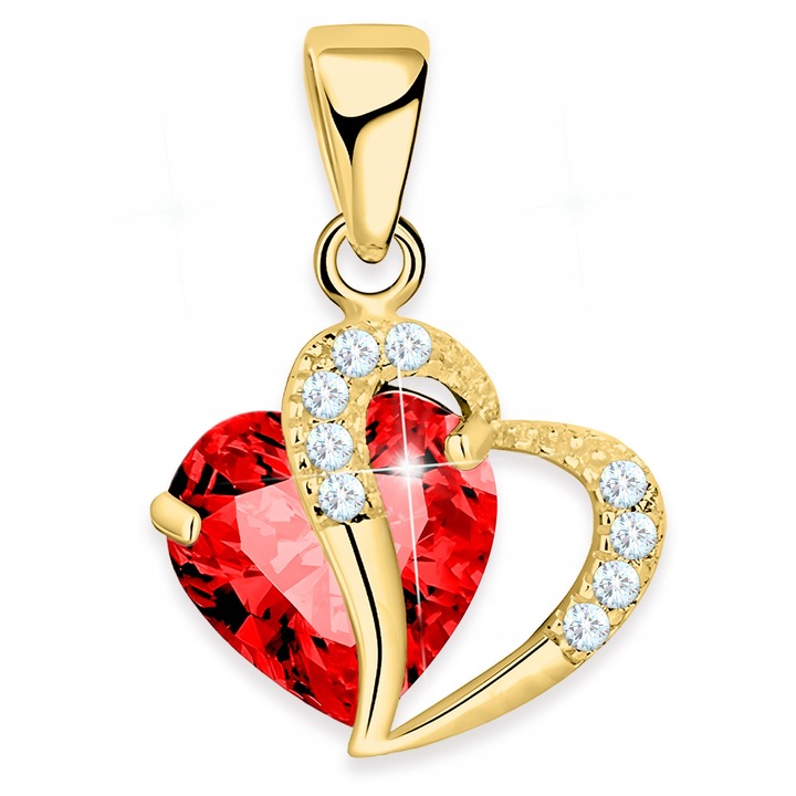 Pandantiv Aurit Argint 925 Inima, Cristal Rosu, 12x13mm
