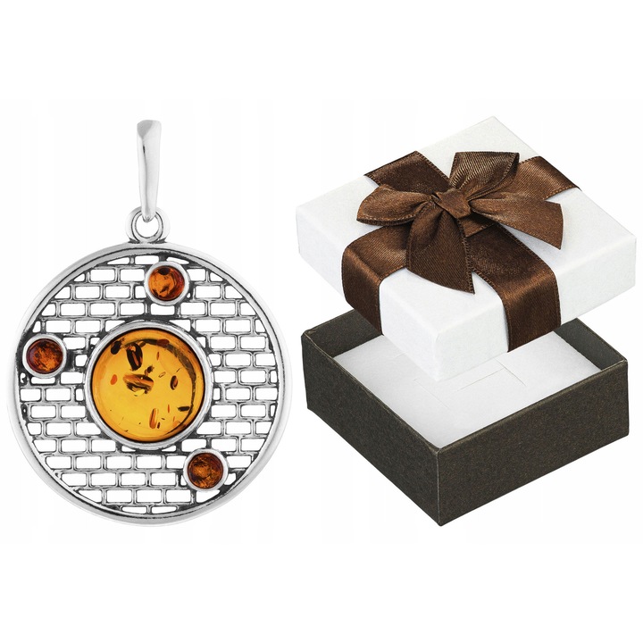 Pandantiv Argint 925 cu Chihlimbar Baltic, Design Rotund, Culoare Cognac, 35x25mm