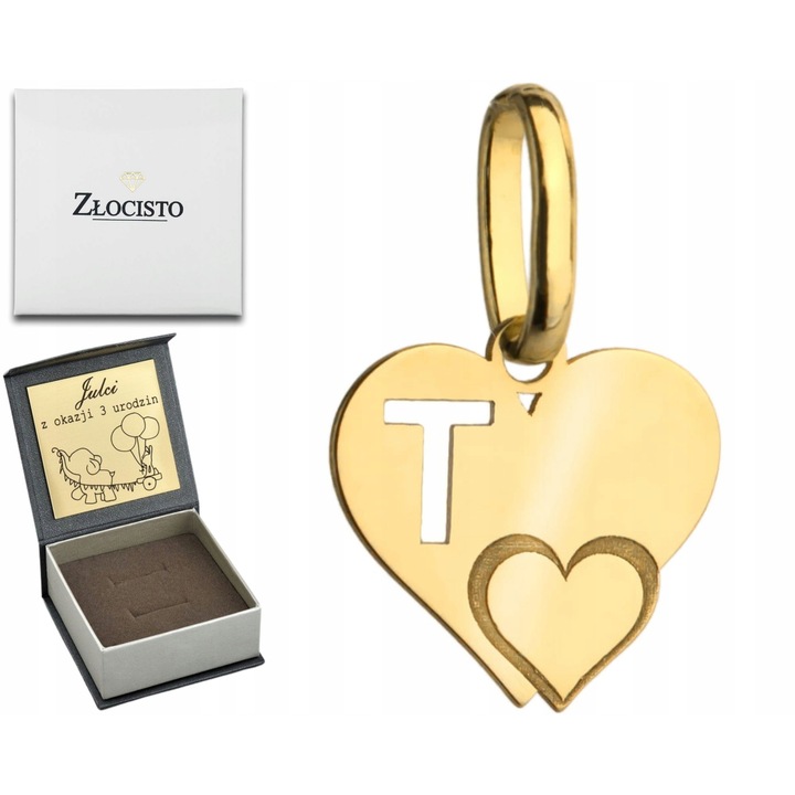 Pandantiv Aur 14K, ZŁOCISTO, Litera T cu Inimioara, 10x15mm, personalizabil