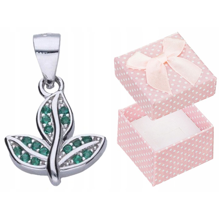 Pandantiv argint 925, Siju, forma de frunza, zirconii verzi, 19x12mm