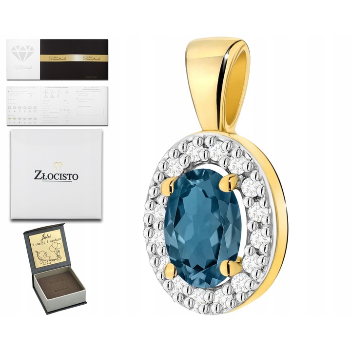 Pandantiv din aur 585 cu topaz London Blue 0.50 ct și diamante 0.08 ct, 7.3x14mm
