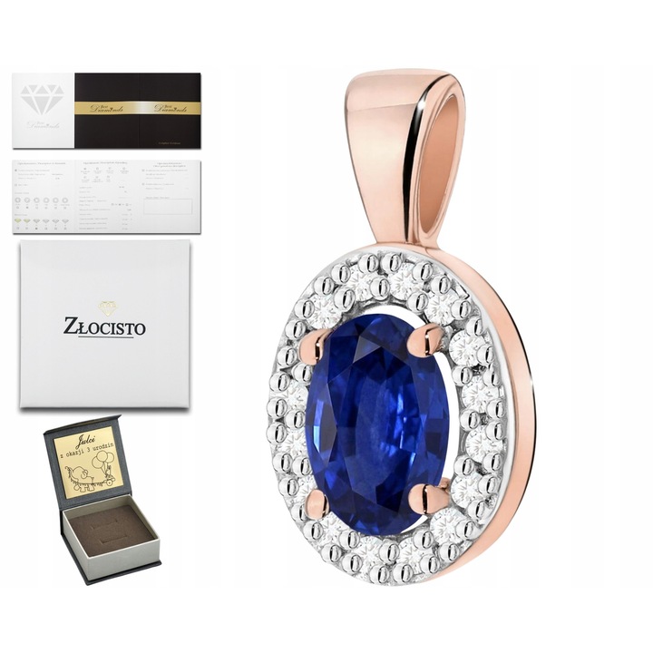 Pandantiv Aur Roz 585 cu Safir 0.70 ct si 16 Diamante, 7.3x14mm