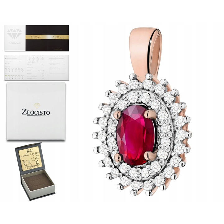 Pandantiv Aur Roz 585 cu Rubin 0.60 ct si Diamante 0.19 ct, 10x17mm