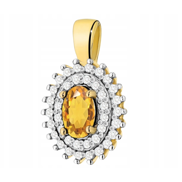 Pandantiv Aur 585 cu Citrin si Diamante, 10x17mm, 1.40-1.60g, Set complet