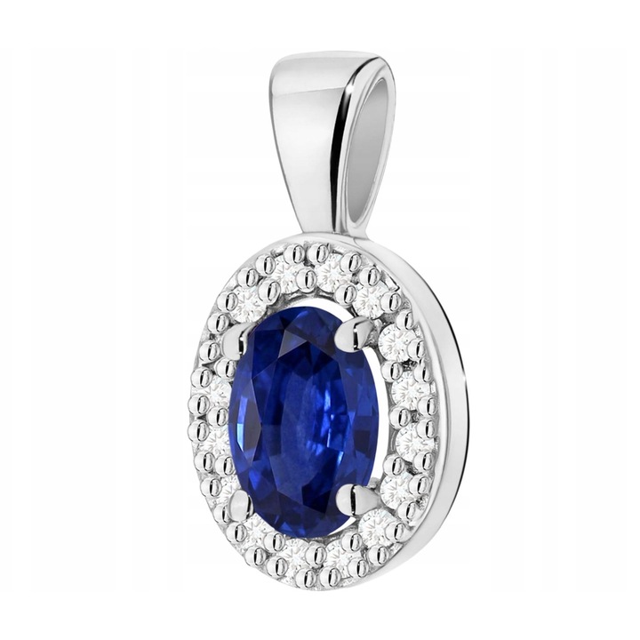Pandantiv Aur Alb 585, Safir Albastru, Diamante, 7, 3x14mm
