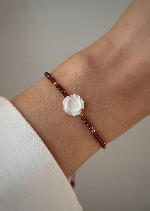 Bratara din Granat si Perle Naturale, Bring, Argint 925 Aurit, Reglabila, 12-20 cm