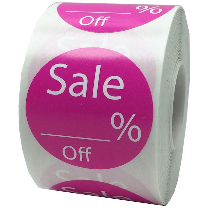 Autocolant "Sale __% off", procentul de reducere poate fi completat manual. Etichete autocolante cu diametrul de 37 mm, 500 buc/set, de culoare roz intens, pentru a distinge articolele reduse de cele la pret intreg si pentru a atrage atentia clientilor