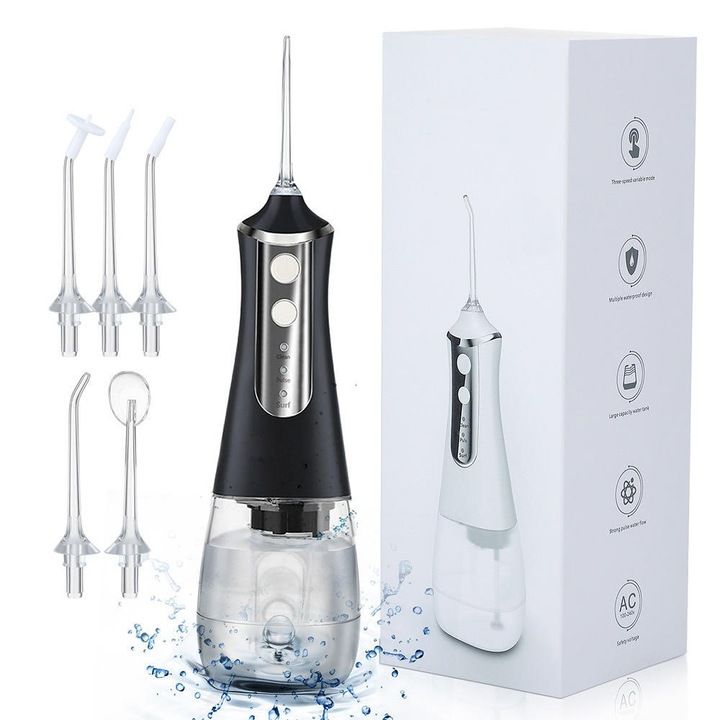 Elektromos szájzuhany, 3 sebességfokozat, 300 ml-es tartály, IPX6 vízálló, fekete