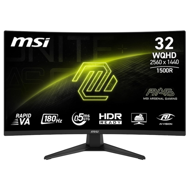 Monitor Gaming Rapid VA LED MSI 31.5" MAG 321CQF E18, WQHD 2560 x 1440, HDMI, DisplayPort, Ecran curbat, 180 Hz, 0.5 ms Negru