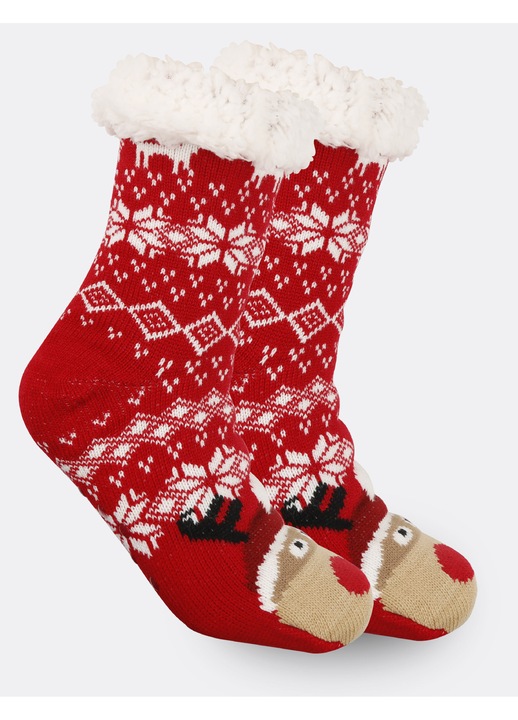 Sosete dama, rosu, cap de ren, marime universala, set de sosete de Craciun, fleece