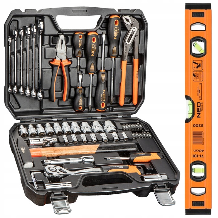 Комплект инструменти 56 части NEO, Кутия с метални ключалки, Алуминиев нивелир 40см