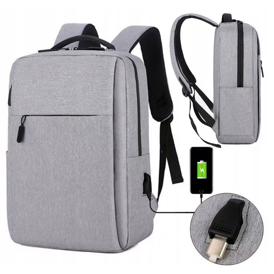 Rucsac sportiv gri, 45x30x15cm, pentru laptop de pana la 15", cu port USB