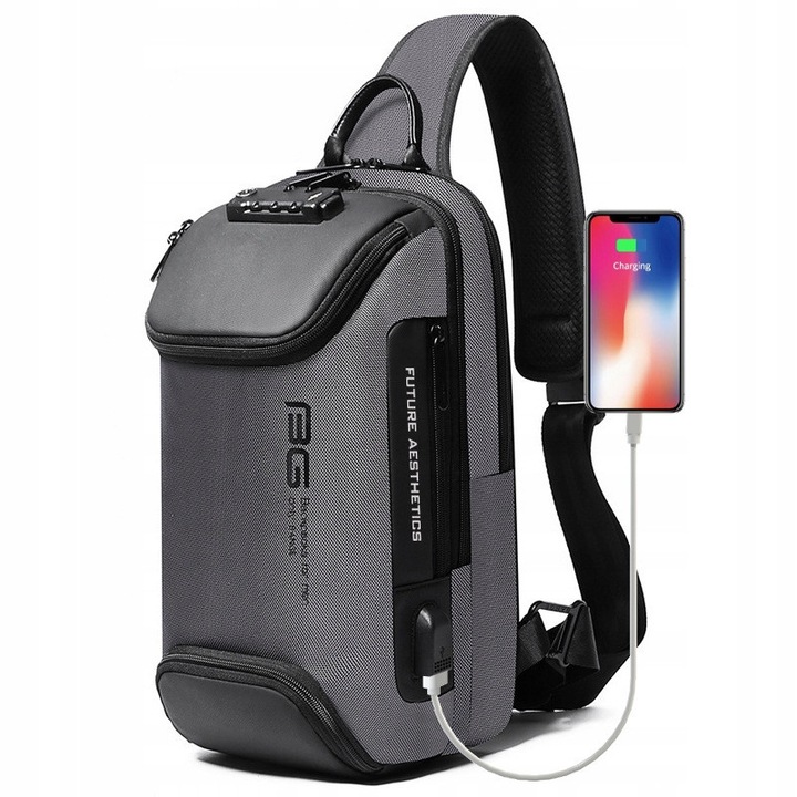 Bange BG-7082 Lopásgátló Hátizsák, Egy Vállas, USB, Szürke