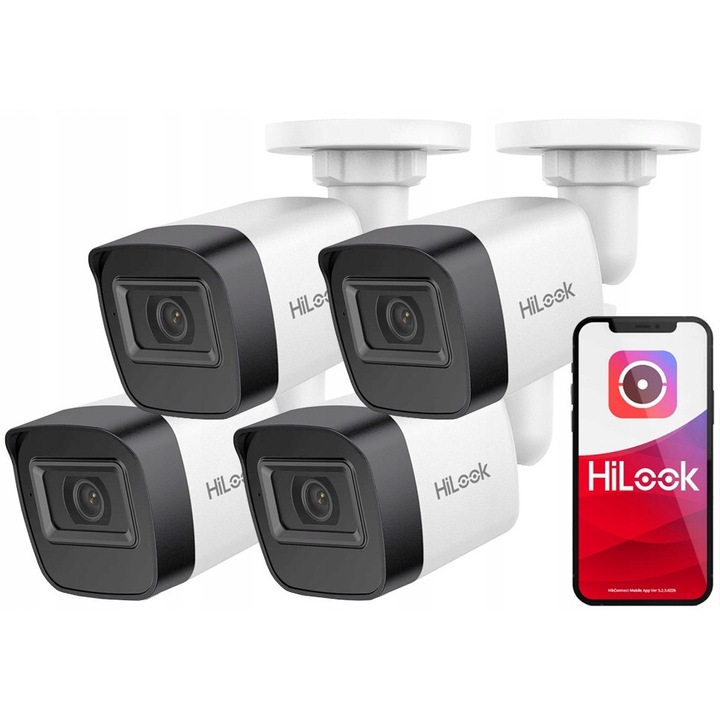 Set de 4 camere de supraveghere IP PoE HiLook IPCAM-B4-P 4MPx, IR 20m, exterior, IP67
