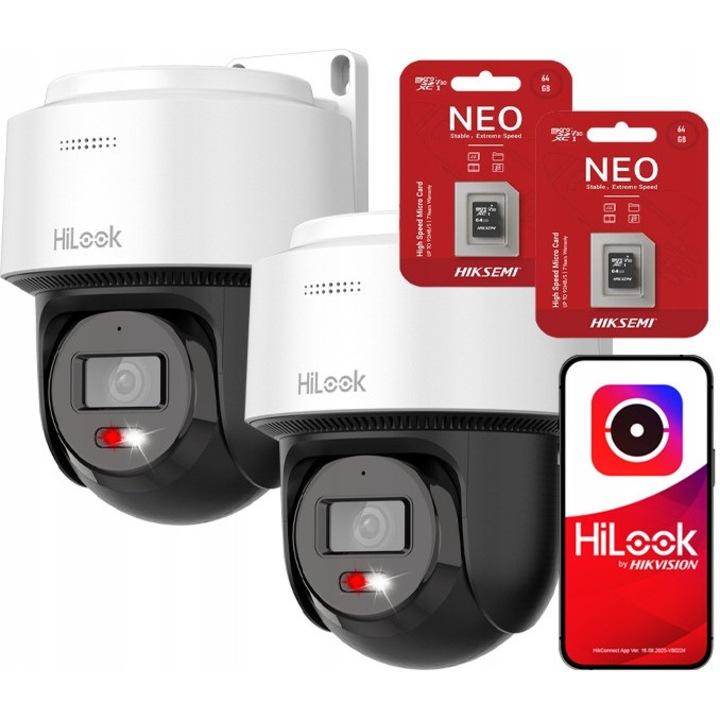 Set 2 camere IP PTZ 4MPX, Hilook, Autotracking, Audio bidirectional, 2560x1440p, PoE, 64GB