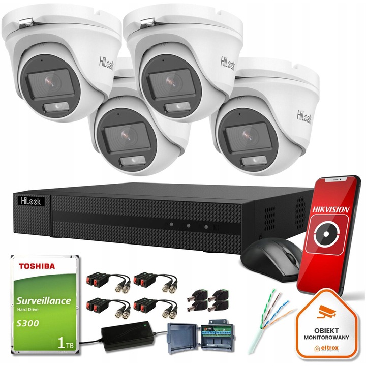 Kit Supraveghere HiLook 4 Camere IP 5MP, DVR 4 Canale, HDD 1TB, Monitorizare live, Rezistenta la apa