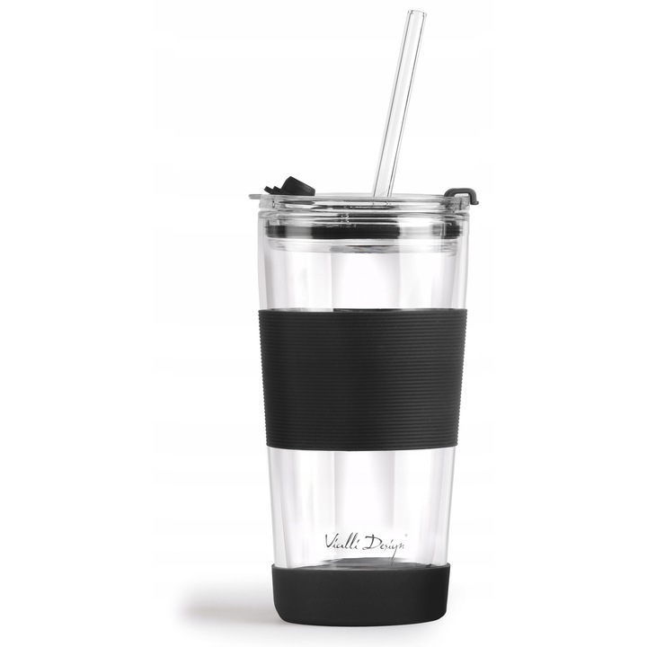 Cana Termică Vialli Design Fuori, 600ml, sticlă borosilicată, capac etanș, palnie inclusă