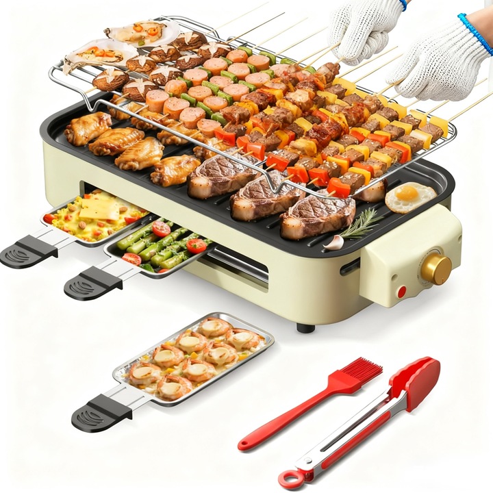 Gratar electric fara fum, Tressino, 1500W, Termostat reglabil, Grill Detasabil, Suprafata Antiaderenta, Portabil, Pentru interior/exterior, 49x12.3x26CM, Alba