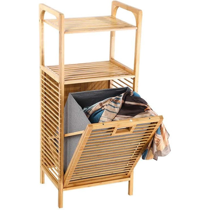 Cos de Rufe din Bambus, SANSES, cu 2 Rafturi, sac Detasabil, 95 x 40 x 30 cm, Maro