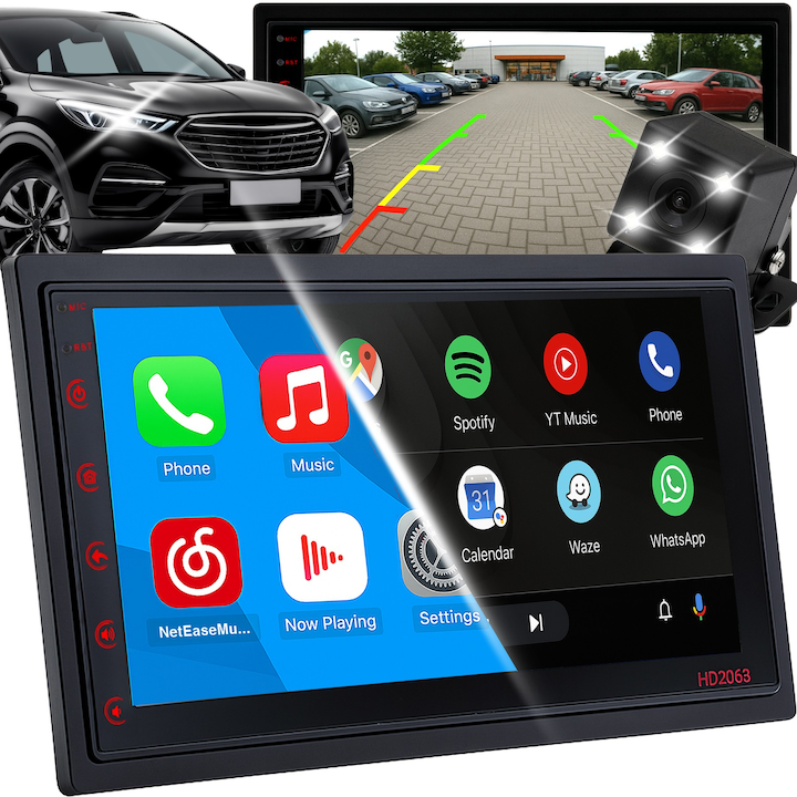 Automatikus Multimédiás Navigáció RETOO DriveTech, Apple CarPlay, Android Auto, vezeték nélküli, Bluetooth, WiFi, RDS, FM, Mirror Link, Tolatókamera, Full HD IPS érintőképernyő 1024x600, MP4, GPS, Rádió