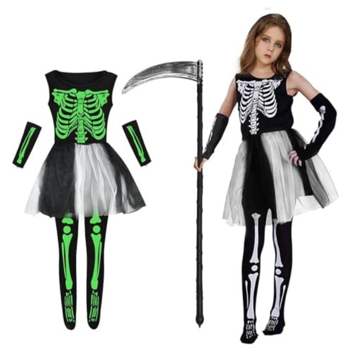 Costum Schelet Fosforescent pentru Fete M (7–9 ani) – Set Halloween Grim Reaper cu Rochita Tutu, Colanti, Mansete si Coasa Glow in the Dark