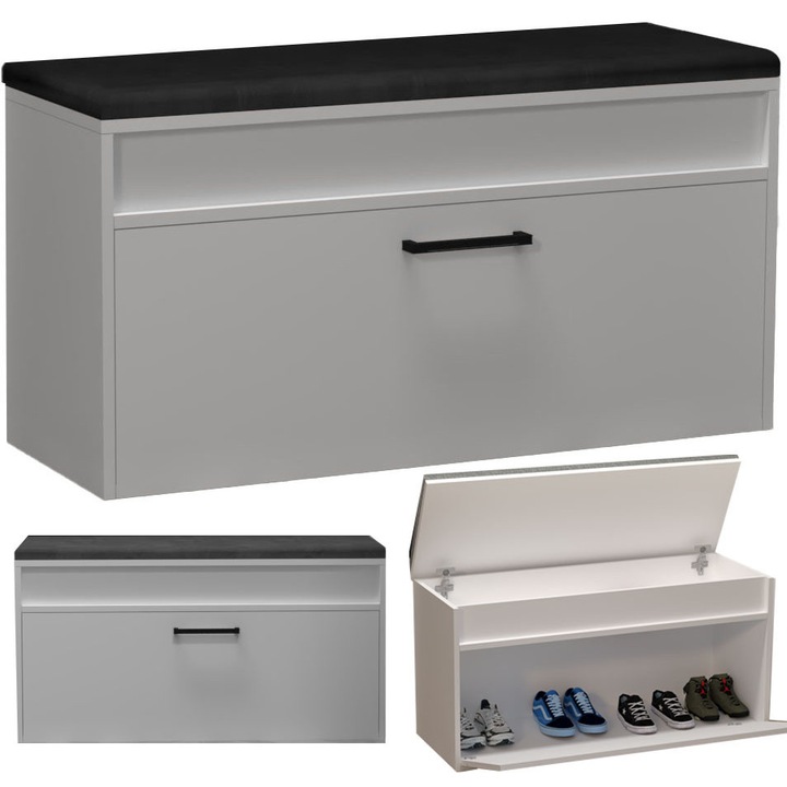 Cipőtároló pad ülőkével és tárolórekesszel, fehér, 100x35x49cm