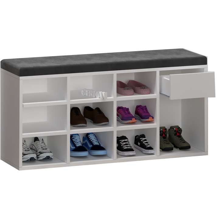 Cipősszekrény ülőkével, GERMAN, fehér, 100x35x49cm, 10 polc, 1 fiók