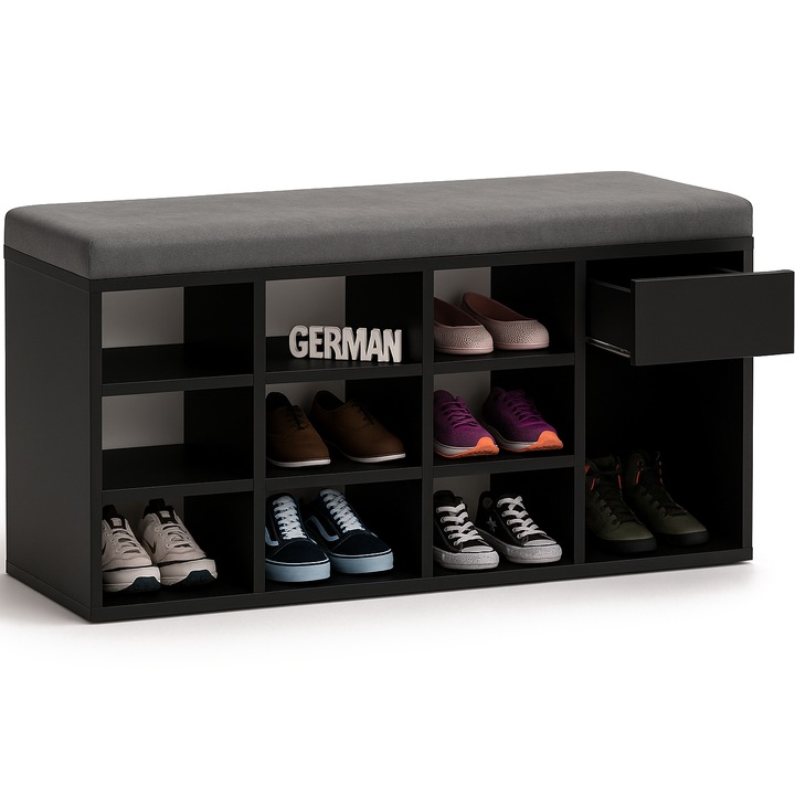 Cipőtartó pad, GERMAN, 100x35x49cm, fekete, 10 polccal és kiegészítő fiókkal