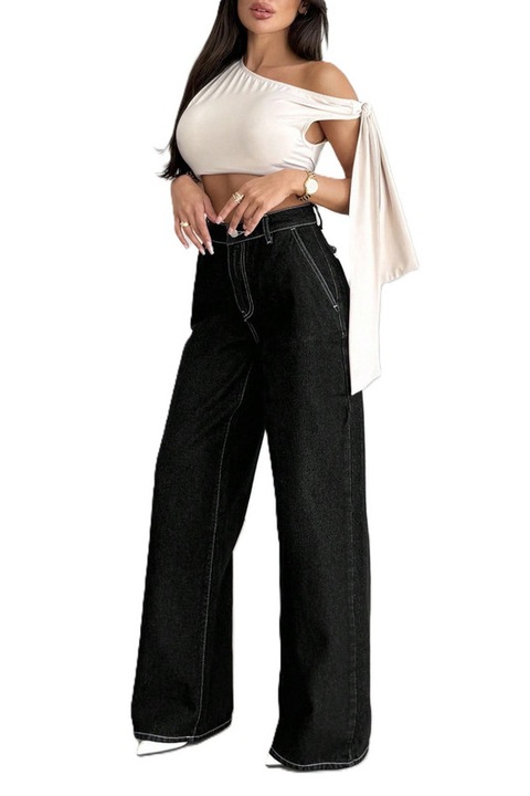 Blugi Dama, Cu Talie Medie, Cu Buzunare Oblice, Negru