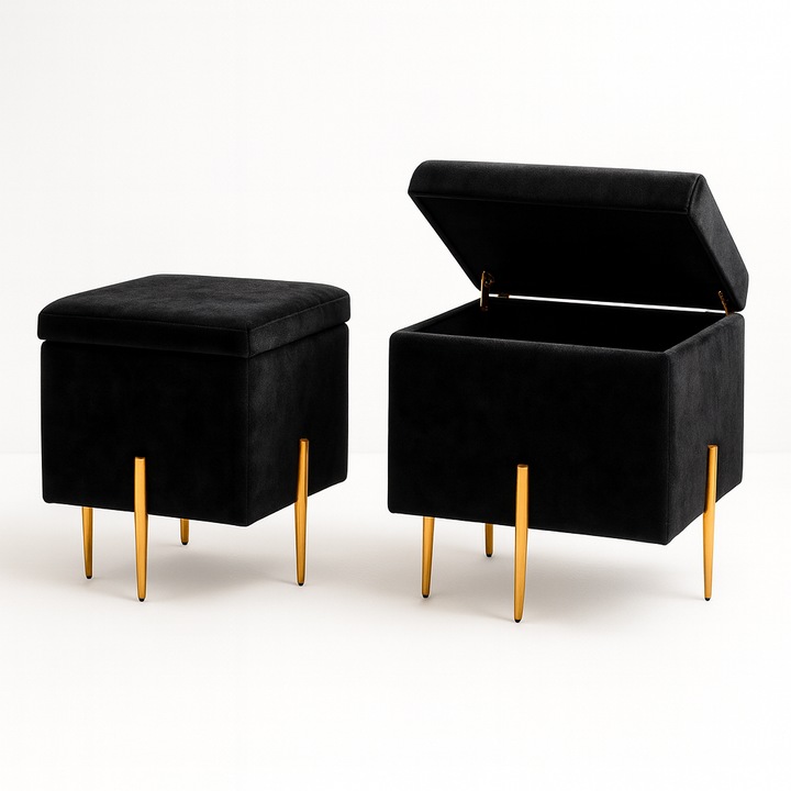 Taburet SOX cu sifonier, tapiserie boucle, picioare aurii, 35x30x46 cm, fabricat in Polonia