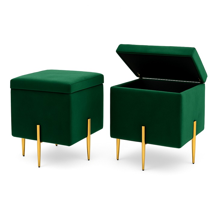 SOX puff szekrénnyel, buklé kárpit, arany lábak, 35x30x46 cm, Lengyelországban gyártva