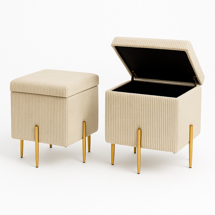 Пуф SOX със скрин, тапицерия букле, златни крака, 35x30x46 см, произведен в Полша