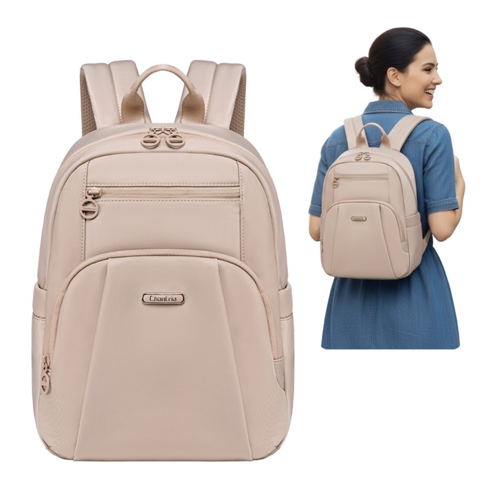 Rucsac urban de dama bej, pentru iPad 10,9", rezistent la apa, 9,3 l. Pentru studii si fiecare zi. CHANTRIA CB770khaki