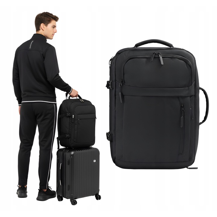 Fekete, 50x33x20-as kabin utazó hátizsák repülőútra, Ryanair, Wizz Air és LOT járatokra