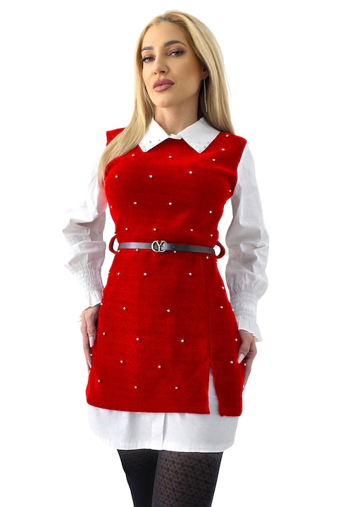 Rochie office tip camasa Iuliana, cu sarafan negru aplicat si curea, Rosu aprins, S-M