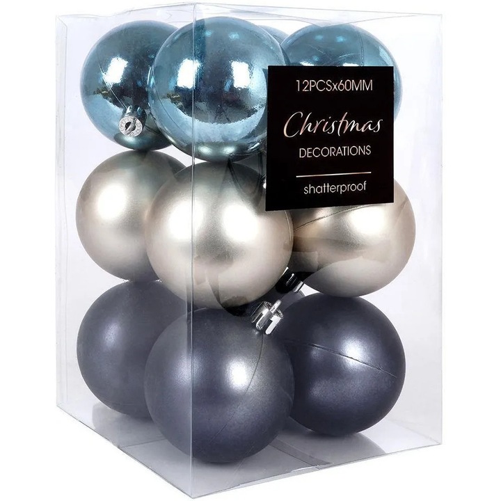 Globuri decorare pom sarbatori 3 culori, 12 bucati