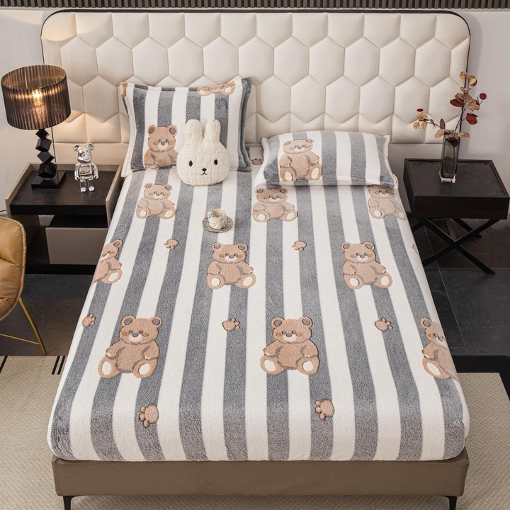 Set Husa CHIRASO COCOLINO, cu ELASTIC, pentru saltea de 180x200, 160x200 si 140x200 si 2 Fete Perna, alb-gri-maro