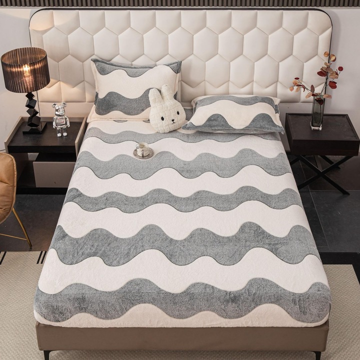 Set Husa CHIRASO COCOLINO, cu ELASTIC, pentru saltea de 180x200, 160x200 si 140x200 si 2 Fete Perna, alb-gri