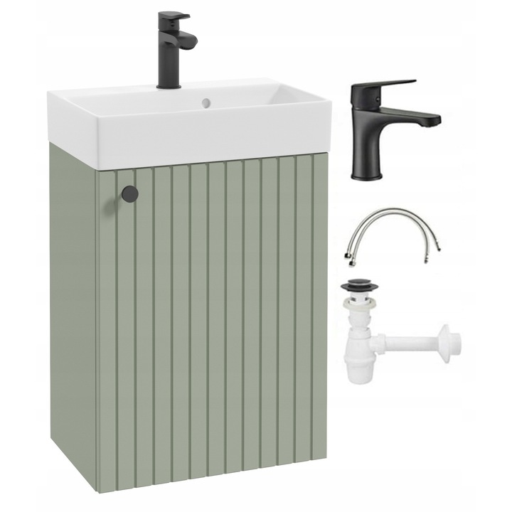 Dulap de baie cu chiuveta, eucalipt, suspendat, robinet negru si maner negru, 50x70cm, Kiara