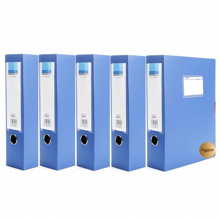 Set biblioraft, Omelivon®, A4, 75 mm, Fabricat din carton, cu levier, Pentru birou si scoala, Cu mecanism metalic, Albastru, 5 buc