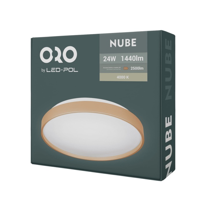 Plafoniera LED ORO NUBE Gold 24W, 2500 lm, Ø327 mm, lumina neutra 4000K, CRI≥80, unghi 120°, carcasa metal + difuzor PMMA, 25.000h, 220–240V, UV Free, RoHS, montaj tavan, design modern premium