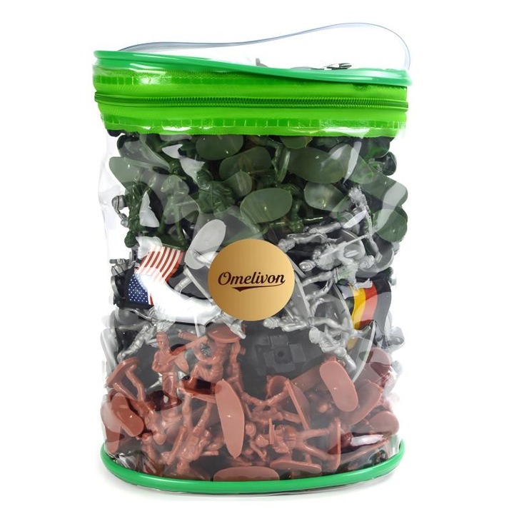 Комплект фигурки войници, Omelivon®, 300 части, войници, оръжия, танкове, самолет, оръдия, сгради, тел, дървета и много други аксесоари, отлични детайли, нетоксична пластмаса, зелен/розов/бял