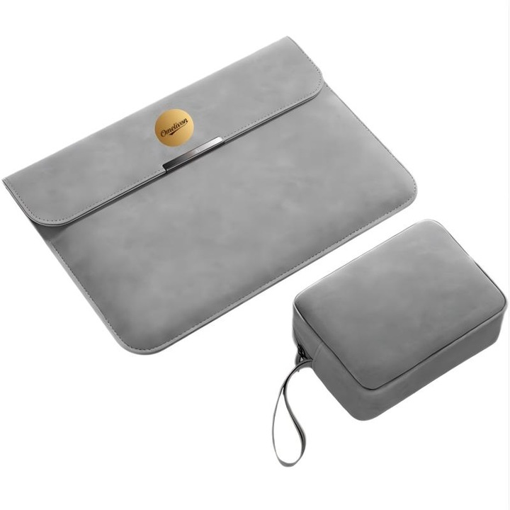 Geanta laptop 13-15 inch, Omelivon, impermeabila, gri inchis, include mouse pad integrat, 28.7x39.7cm