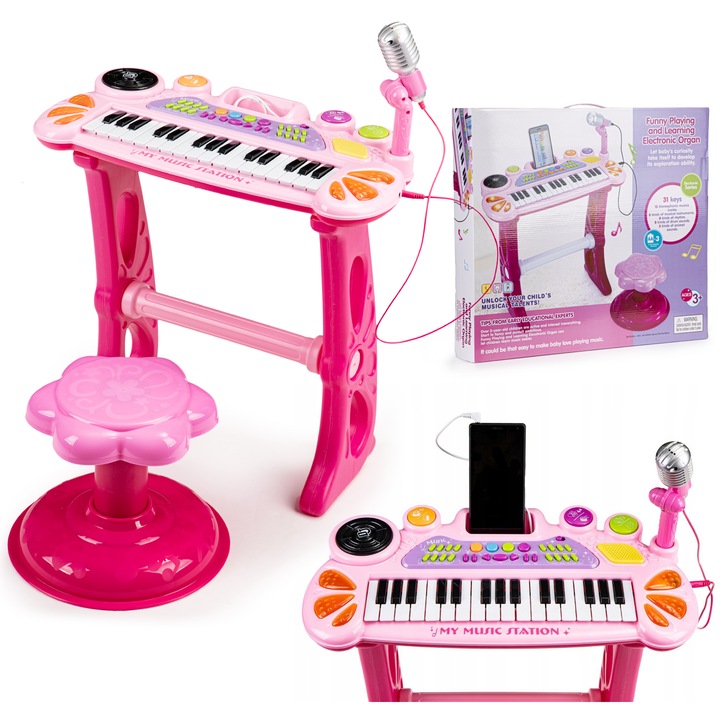 Електронно пиано за деца "LikeSmart PianoKid" – 31 клавиша, караоке микрофон, включен стол, свързване към телефон/MP3, интерактивна музикална играчка 3+, розово