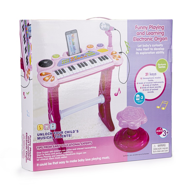 Електронно пиано за деца "LikeSmart PianoKid" – 31 клавиша, караоке микрофон, включен стол, свързване към телефон/MP3, интерактивна музикална играчка 3+, розово